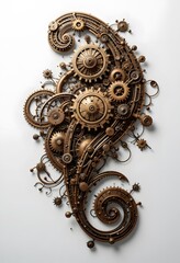 Intricate Steampunk Gear Mechanism Design: A 3D Rendered Brass Ornament of Clockwork Gears and Spirals
