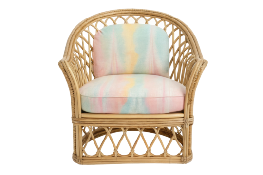 PNG Colorful pastel cushion rattan chair with open back design