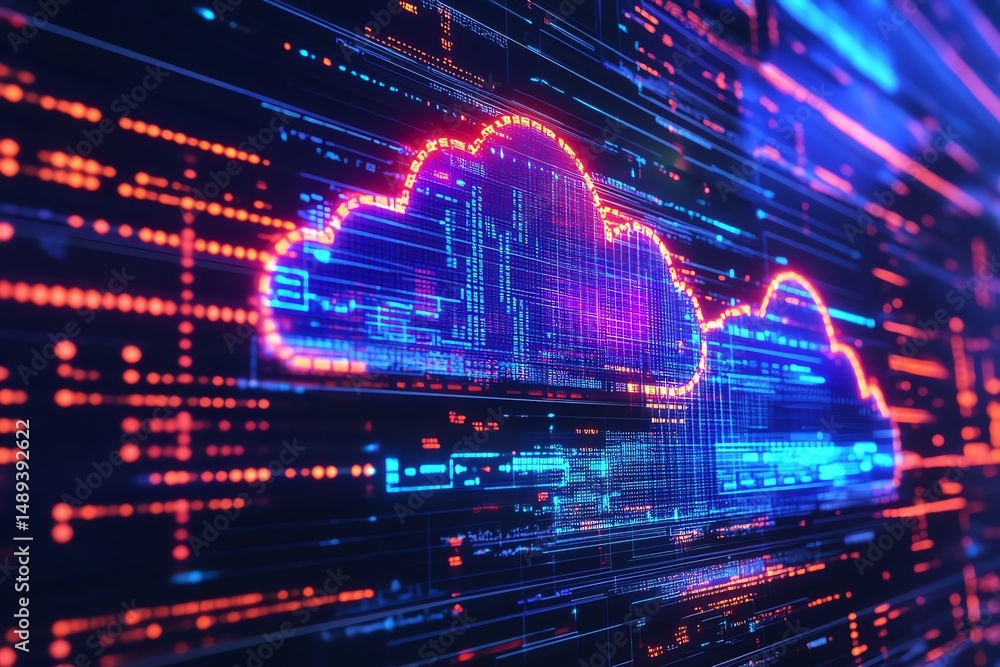 Poster digital cloud: neon data stream abstract