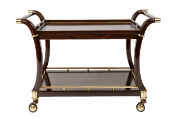 PNG Elegant wooden serving trolley with brass accents and wheels