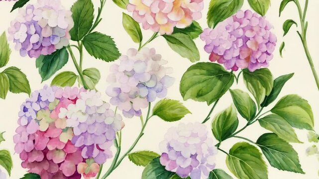 Watercolor style pattern showing blooming hydrangeas with colorful leaves and stems on bright cream background
