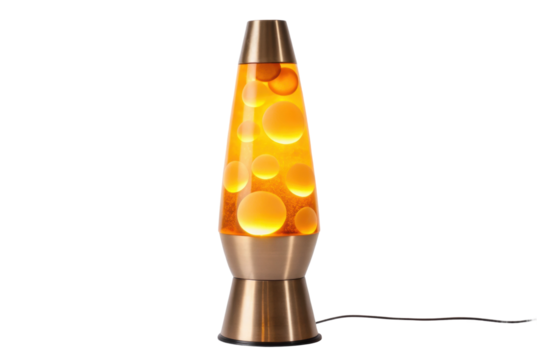 PNG Retro orange lava lamp with yellow glowing bubbles on black background