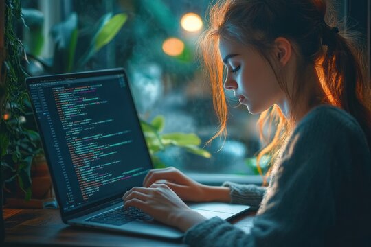 young woman focused on writing code on laptop in cozy indoor setting near window with green plants during evening
