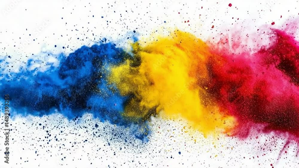 Poster exploding hues: a vibrant explosion of colored powder bursts forth, forming a dynamic and energetic 