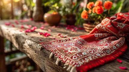 Traditional red and white Peruvian scarf on rustic wood, symbolizing national pride and cultural heritage during Independence Day.
