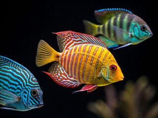 Obraz premium Tropical fish swimming in an aquarium with a black background. Colorful. Neon colors. Swimming gracefully.