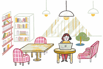Obraz premium Woman working on laptop, focused in cozy workspace, decorated with plants and bookshelves, representing productivity and creativity in a modern setting.