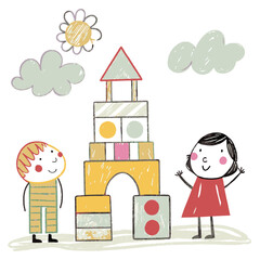 Children Building with Colorful Blocks in a Playful Setting Representing Creativity and Joy