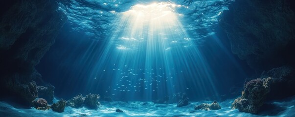 Fototapeta premium Underwater cave illuminated by sun rays shining through clear blue water with small fish swimming near coral-covered rocky formations