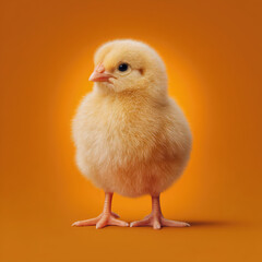 Fototapeta premium A fluffy yellow chick stands on an orange background, looking slightly to the side with a soft, curious expression.