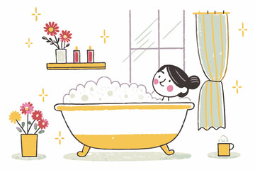 A girl relaxing in a bubble-filled bathtub with flowers and shelves in the background, symbolizing home comfort, hygiene, self-care, and peaceful evening routines
