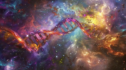 Cosmic dust swirls into DNA helix amid bioluminescence, unraveling life's enigmatic origins