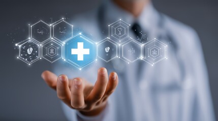 Doctor Holding Digital Medical Interface with Health Icons.Generative AI