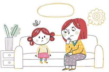 A concerned mother shares a thoughtful moment with her distressed daughter on a cozy couch surrounded by plants, representing communication and emotional support.