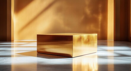 Shiny golden rectangular pedestal in a sunlit minimalist room with warm golden walls casting soft shadows and reflections on glossy floor