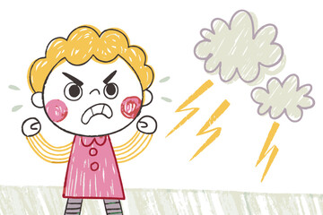 Obraz premium Angry child expressing frustration with clenched fists and frowning face, amidst a stormy background, representing emotions and childhood challenges.