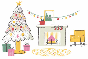 Whimsical Christmas Tree Decorated with Ornaments in a Cozy Living Room Setting Featuring a Fireplace and Colorful Presents