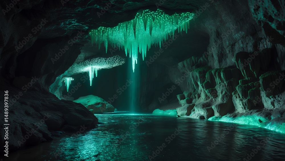 Poster exploring glowworm cave with reflections on water and cave features