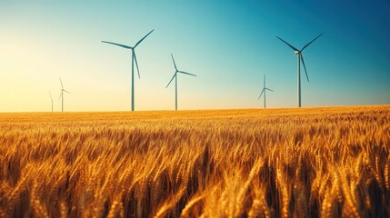 Fototapeta premium Golden Wheat Field with Wind Turbines Under Clear Blue Sky at Sunset