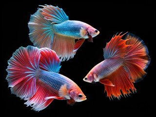 Fototapeta premium A betta swimming in an aquarium with a black background. Swimming gracefully. Swimming from left to right.