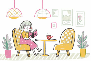 Fototapeta premium Cheerful girl reading a book while sitting in a cozy cafe-like room with plants and warm lighting, representing relaxation and leisure time.