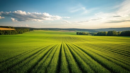 Naklejka premium The expansive landscape of green fields stretches toward the horizon