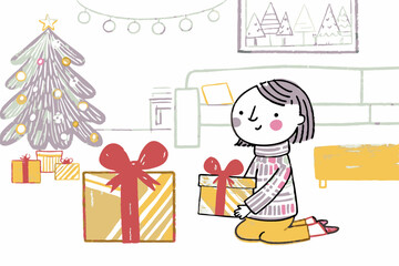 Joyful child holding gifts near a decorated Christmas tree in a cozy living room, embodying holiday cheer and family festivities.