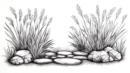 Coastal grass path, stones, rocks, beach scene, nature design