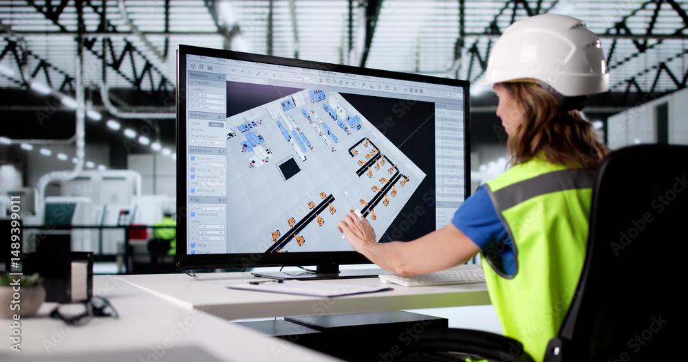 Poster engineer mapping machinery layout for new factory