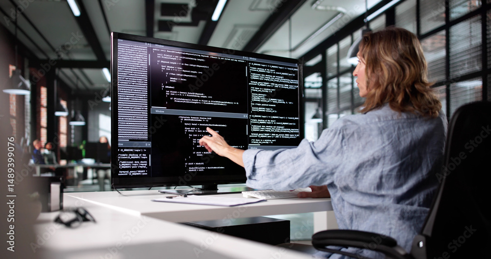 Poster Female Web Developer Working On Software Code