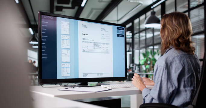 Young Woman Working On Laptop With Accountant Software