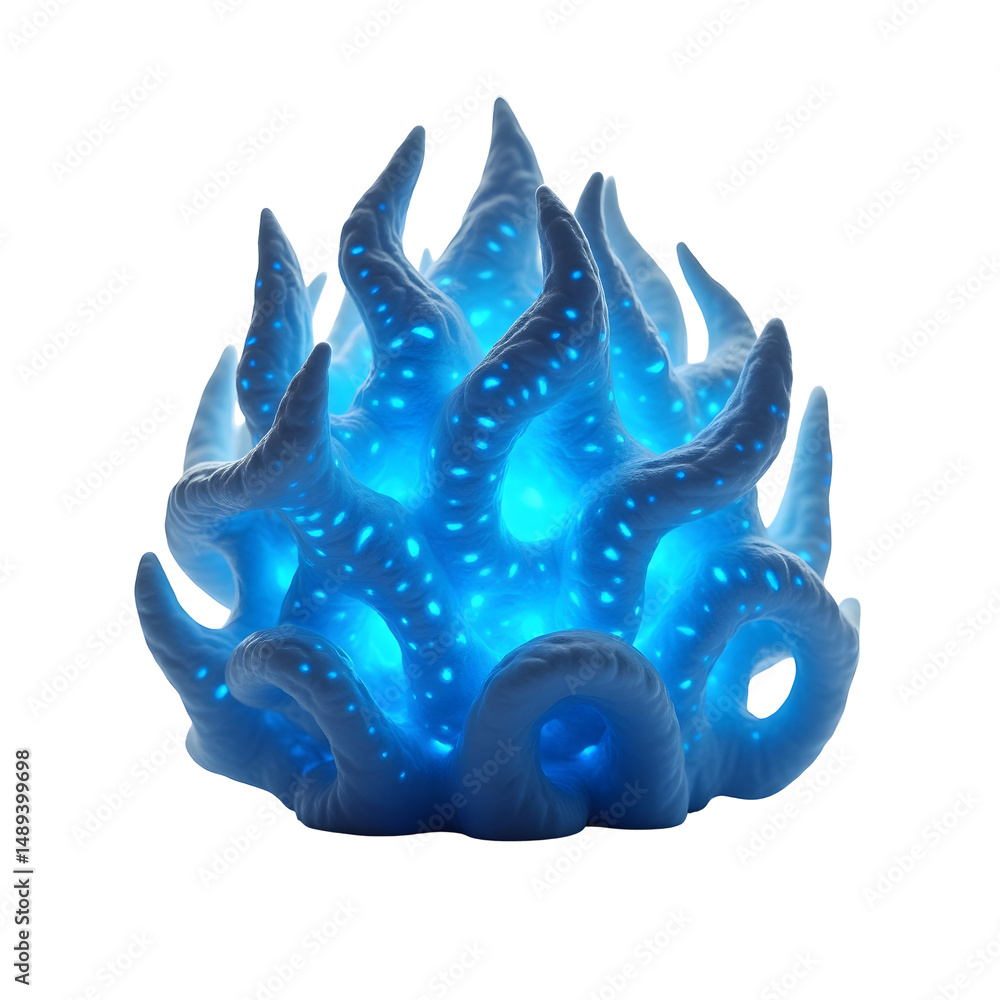 Poster intricate blue glowing tentacle cluster, a mesmerizing display of organically intertwining forms wit