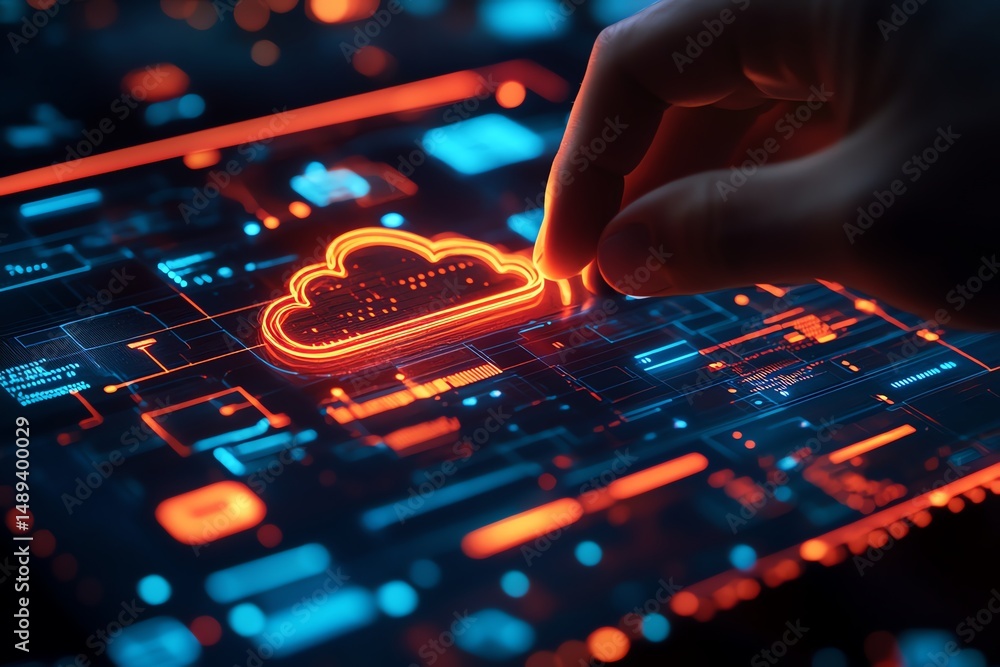 Poster neon cloud computing: digital hand interacts with glowing circuitry