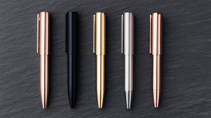 A collection of elegant pens in various metallic finishes displayed on a dark slate surface