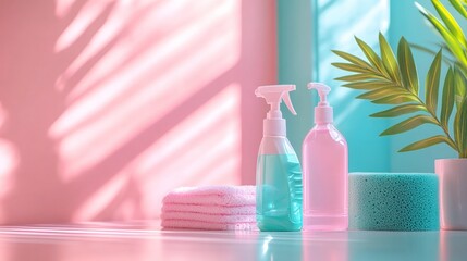 Stylish Cleaning Supplies with Bright Colors Cast in Natural Light at Home