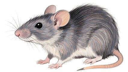 Mouse drawing of a gray rodent with soft fur and rounded features, looking alert with a calm expression, suitable for pet illustrations, children’s books, and detailed microstock animal portraits.