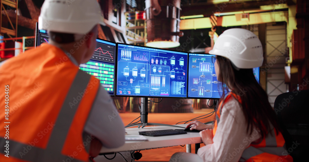 Poster team of young workers utilizing automation system
