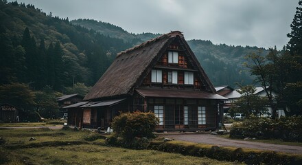 Traditional Japanese Village House Surrounded by Lush Greenery