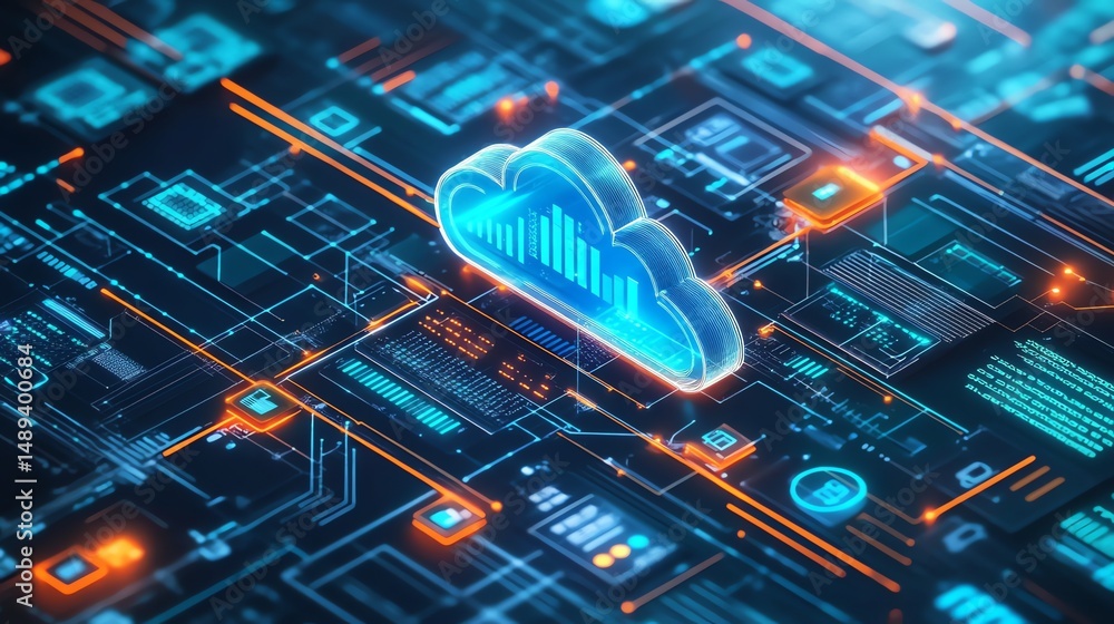 Poster digital cloud: futuristic circuitry and glowing data