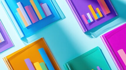 Colorful transparent folders with graphs and charts displayed on a vibrant blue background