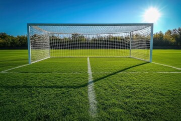 Fototapeta premium Empty soccer goal on a lush green field under a bright sun with clear blue sky and distant trees