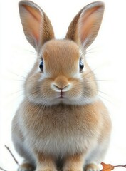 Obraz premium Close-up of a fluffy light brown baby rabbit with large ears and bright eyes against a white background, evoking a sense of innocence and curiosity
