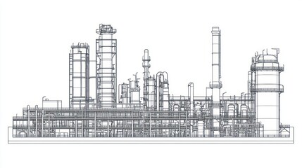 Obraz premium Refinery processing plant schematic, industrial complex, energy production, infrastructure, white background, technical illustration