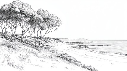 Obraz premium Coastal trees, sandy beach, calm ocean, tranquil scene, ideal for travel brochures