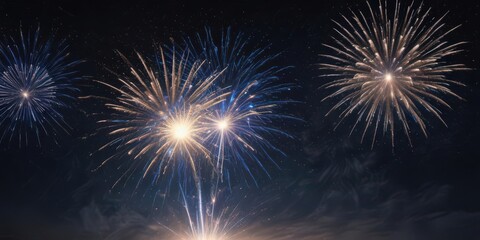 Naklejka premium Isolated bursts of vibrant blue fireworks illuminate a dark, starlit night sky , stellar, vibrant, celestial
