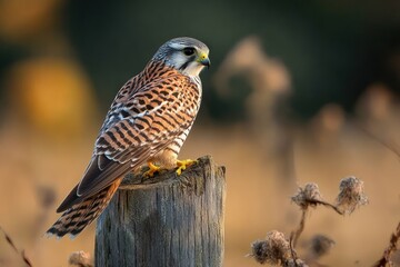 Fototapeta premium A detailed bird of prey with brown and black striped feathers perched on a weathered tree stump in a natural setting with blurred background