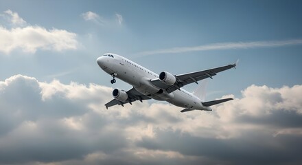Obraz premium Airplane Taking Off in Blue Sky with Clouds and Natural Lighting