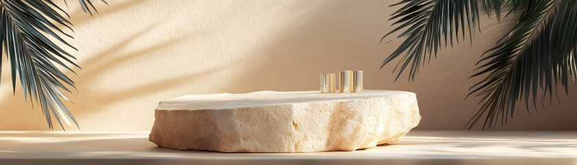 Natural stone platform with tropical foliage backdrop.