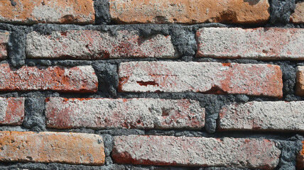 A textured old red brick wall pattern shows a rough surface of brown bricks and cement in a solid building structure