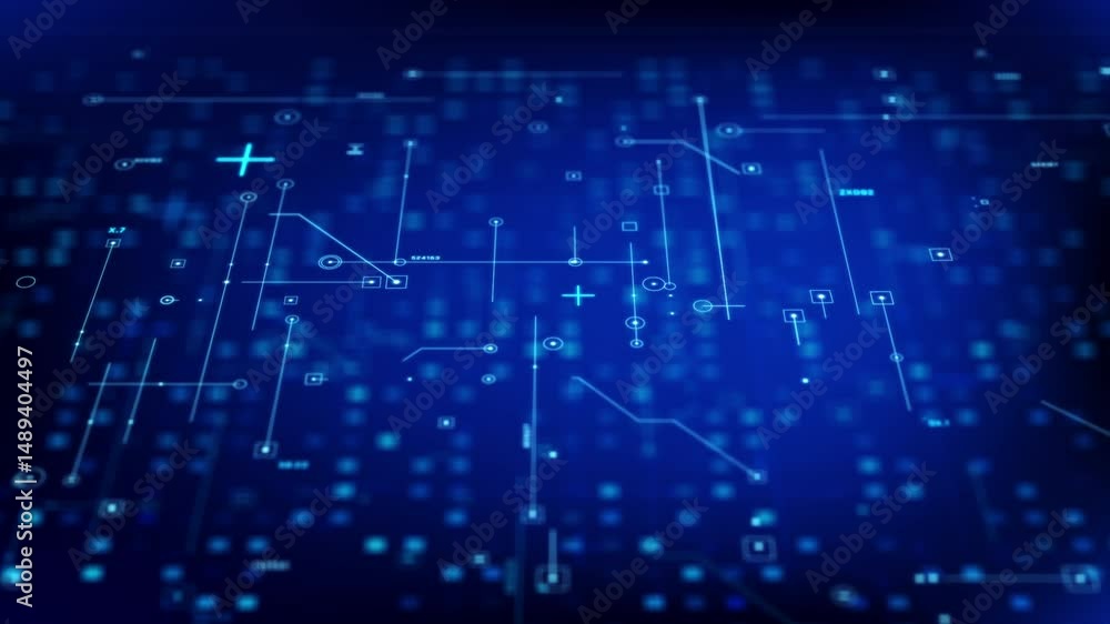 Poster glowing blue digital grid with circuit lines and tech nodes. futuristic interface